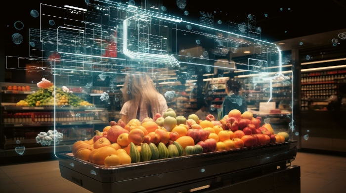 Colorful fruits and vegetables in baskets at supermarket. Assortment of fruits at market. Showcase with fresh organic vegetables and fruits in supermarket. lemon, ginger, plum, pear,