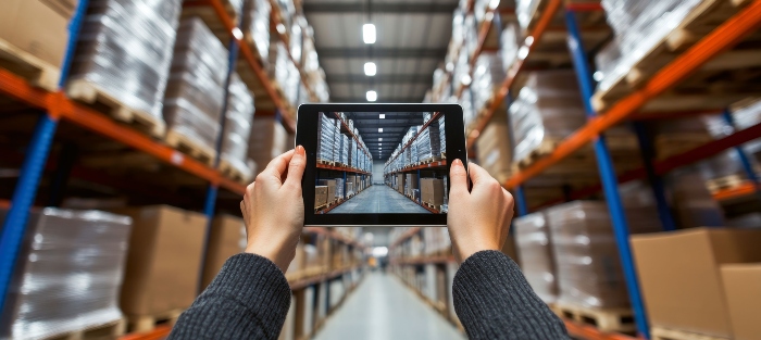 Warehouse Worker Uses Tablet for Digital Inventory Management in Logistics Distribution Center