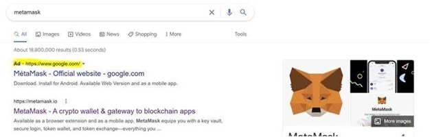 Figure 2. Malicious Google Ad imitating MetaMask jpg