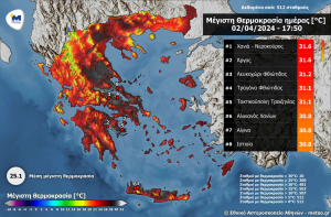 ΜΕΤΕΟ: Θερμοκρασίες μεγαλύτερες των 30 °C κατέγραψαν 20 μετεωρολογικοί σταθμοί