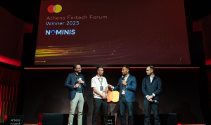 Από αριστερά: Andreas Spengel, Senior Vice President, Fintech, Platforms &amp; New Verticals Central Europe της Mastercard, Snir Levi, Founder &amp; CEO της Nominis, Παναγιώτης Πολύδωρος, Country Manager στη Mastercard για την Ελλάδα, την Κύπρο και τη Μάλτα και Ορέστης Ντούνιας, Fintech Lead στη Mastercard για την Ελλάδα, την Κύπρο και τη Μάλτα