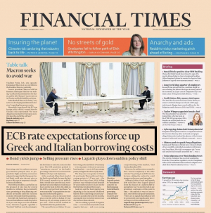 Στο πρωτοσέλιδο των FT η αύξηση του κόστους δανεισμού για την Ελλάδα