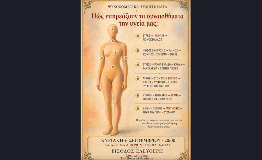 Leona Laios: «Ψυχοσωματικά Συμπτώματα - Επηρεάζουν τα συναισθήματα την υγεία μας;» στα Θέρμα Ικαρίας